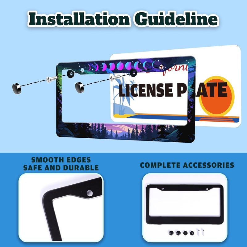 TINALUIN Moon Phases Aurora Forest License Plate Frame Night Sky Stainless Steel License Plate Holder for Front or Rear Car Tags Funny for Car Decoration Accessories with Screws 6.3 X 12.2 in for Women Men - Image 4